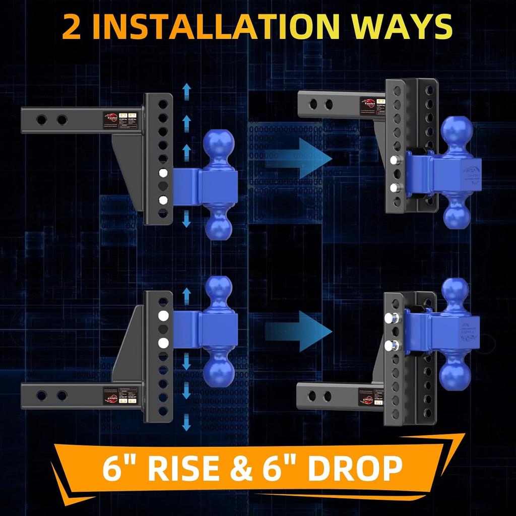 Engate de Reboque Ajustável, Receptor de 2', Queda/Elevação de 6', Bola de 2' e 2-5/16', 21.500 GTW, Pinos de Travamento Anti-Furto