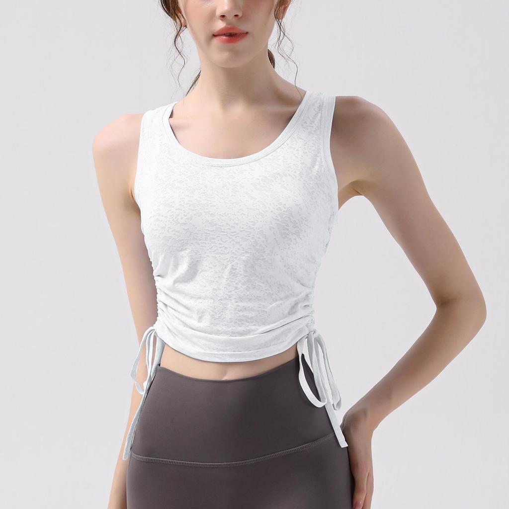 Nude Jacquard Drawstring Sports Top - Women's Breathable, Waist-Slimming, Quick-Dry Yoga & Fitness Wear.