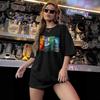 Women's Casual Black Round Neck Short Sleeve T-Shirt with Sporty Print