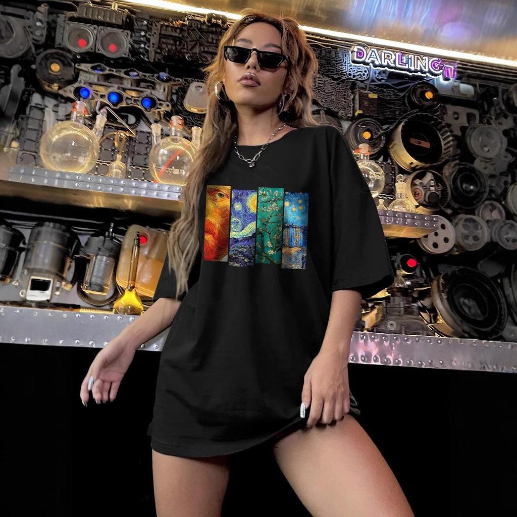 Women's Casual Black Round Neck Short Sleeve T-Shirt with Sporty Print