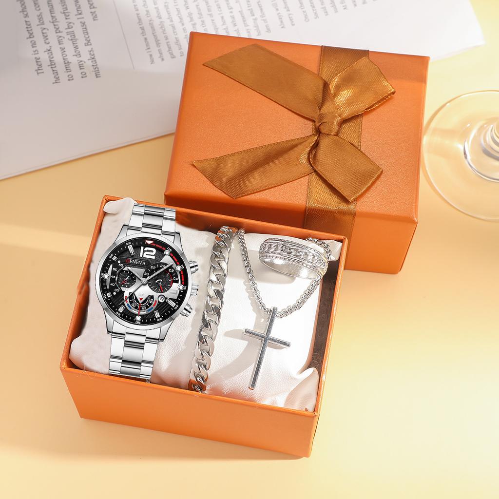Fashion Business Men'S Watch Calendar Watch Men'S Steel Strap Watch Business Bracelet Set