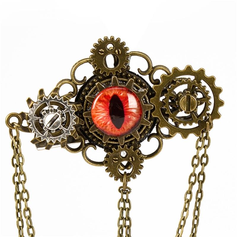 Handgefertigte Steampunk Teufelsauge Brosche Haarklammer mit verstellbarer Kette Aufwändiges Metallzahnrad Gothic Damen Haaraccessoire