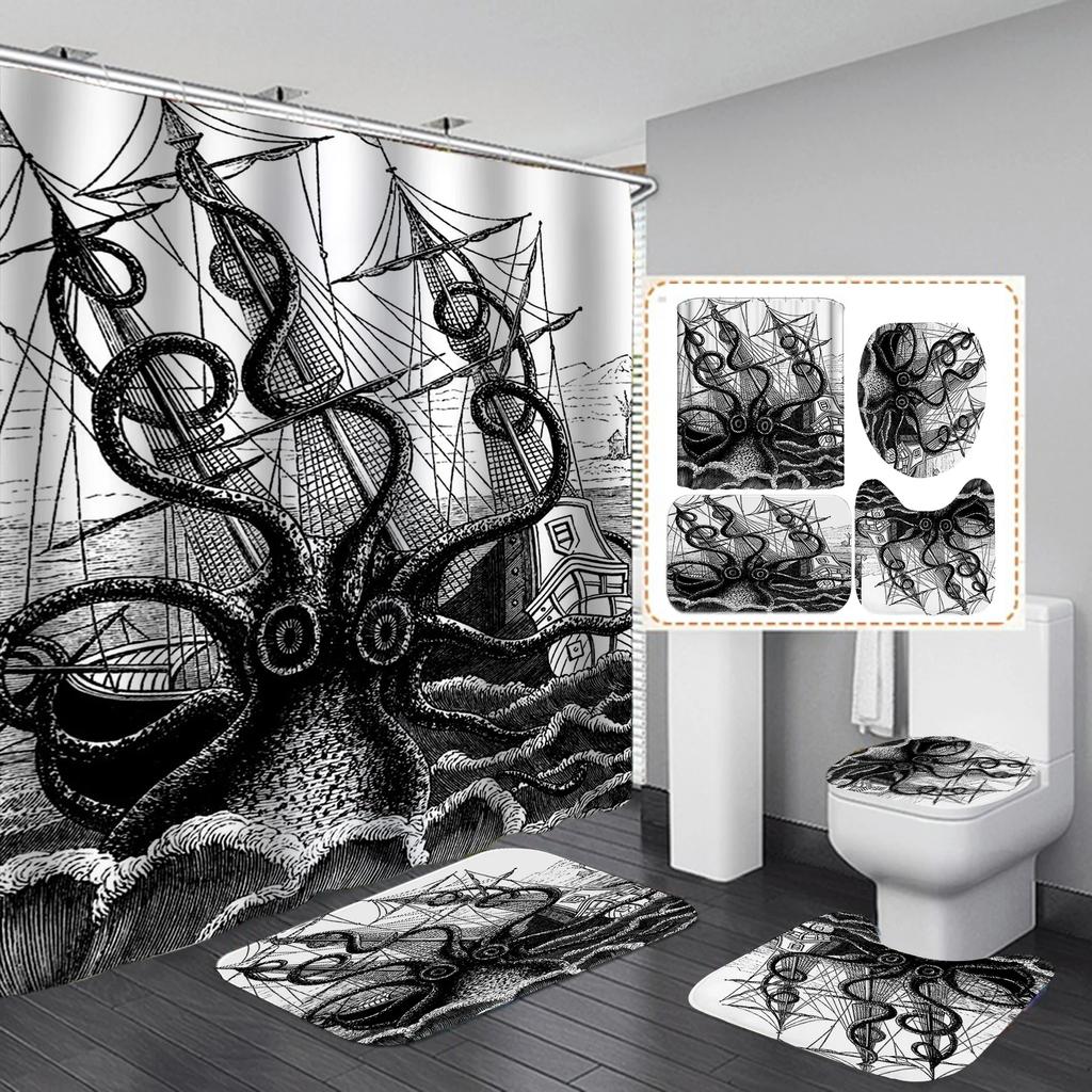 Ocean Monster Octopus Print Shower Curtain Set Waterproof Bathroom Curtain Set With Rugs Toilet Cover Mat For Bathroom Decor