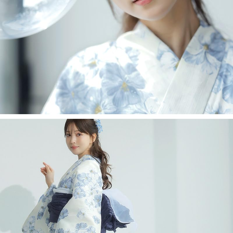 Yukata Heiko Obi Light Transparent Floral Easy to Wear by One Person no Hana FREE (Dita) Women's 5-Piece Set (Sash), Blue, White, Navy, Blue,