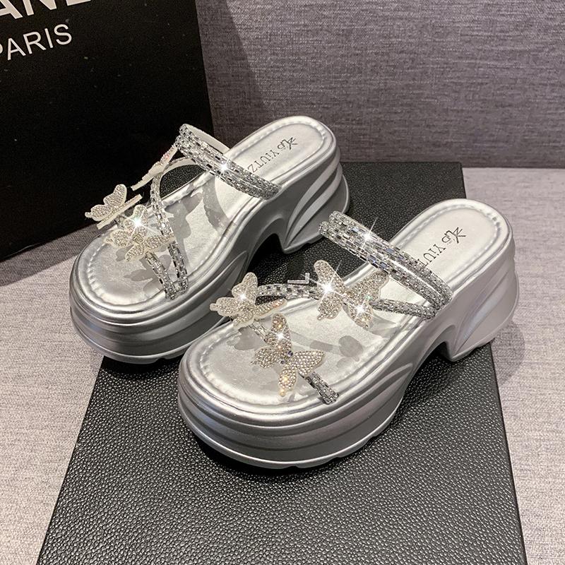 Fashion NEW Casual 7CM Wedge Slippers Women Summer Crystal Butterfly Platform Sandals Woman Open Toe Comfortable Female Chunky Shoes