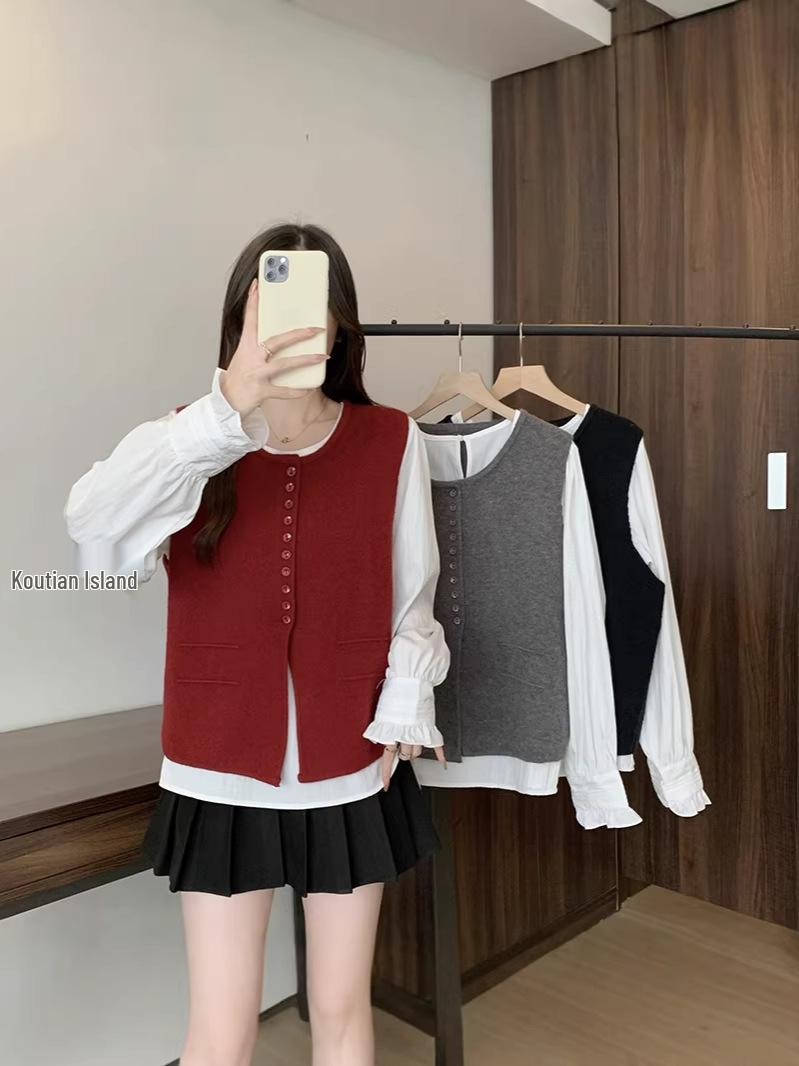 2026 Spring Plus Size Women s Elegant Knit Vest & Bell Sleeve Shirt Set L
