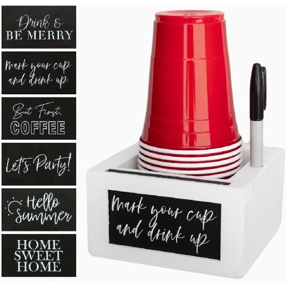 White Wood Mark Your Cup and Drink Up Cup Holder - Hosting Essentials Cup Dispenser with Interchangeable Signs- Coffee Cup Holder with Marker Slot-