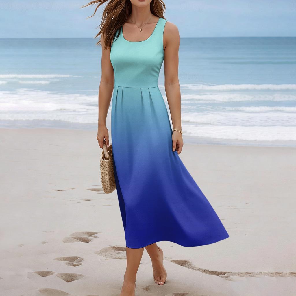Women Sleeveless Gradient Print Casual Summer Long Dress Scoop Neck Relaxed Fit Lightweight Maxi Dress for Daily Wear