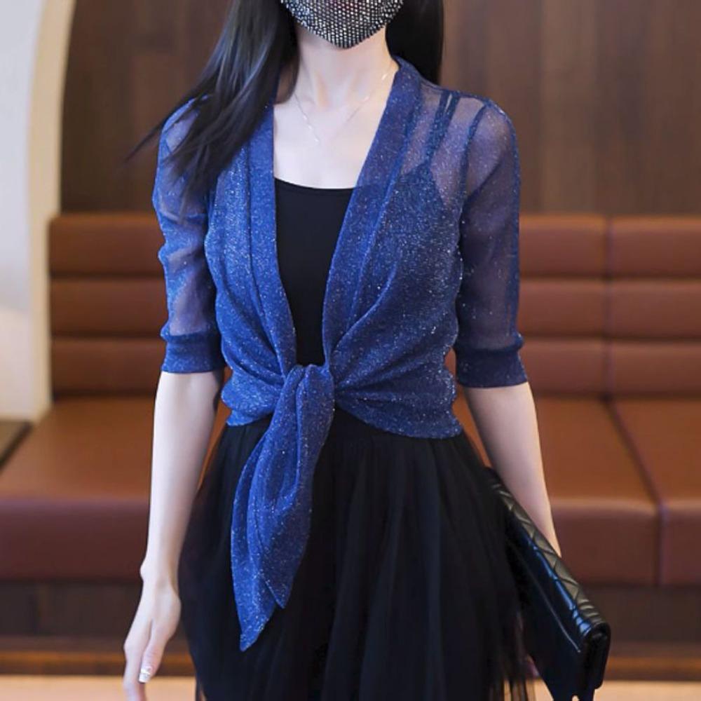 

Thin Mesh Shawl Shiny Short Coat Luxury Sunscreen Cropped Blouse Ladies/Girls синій