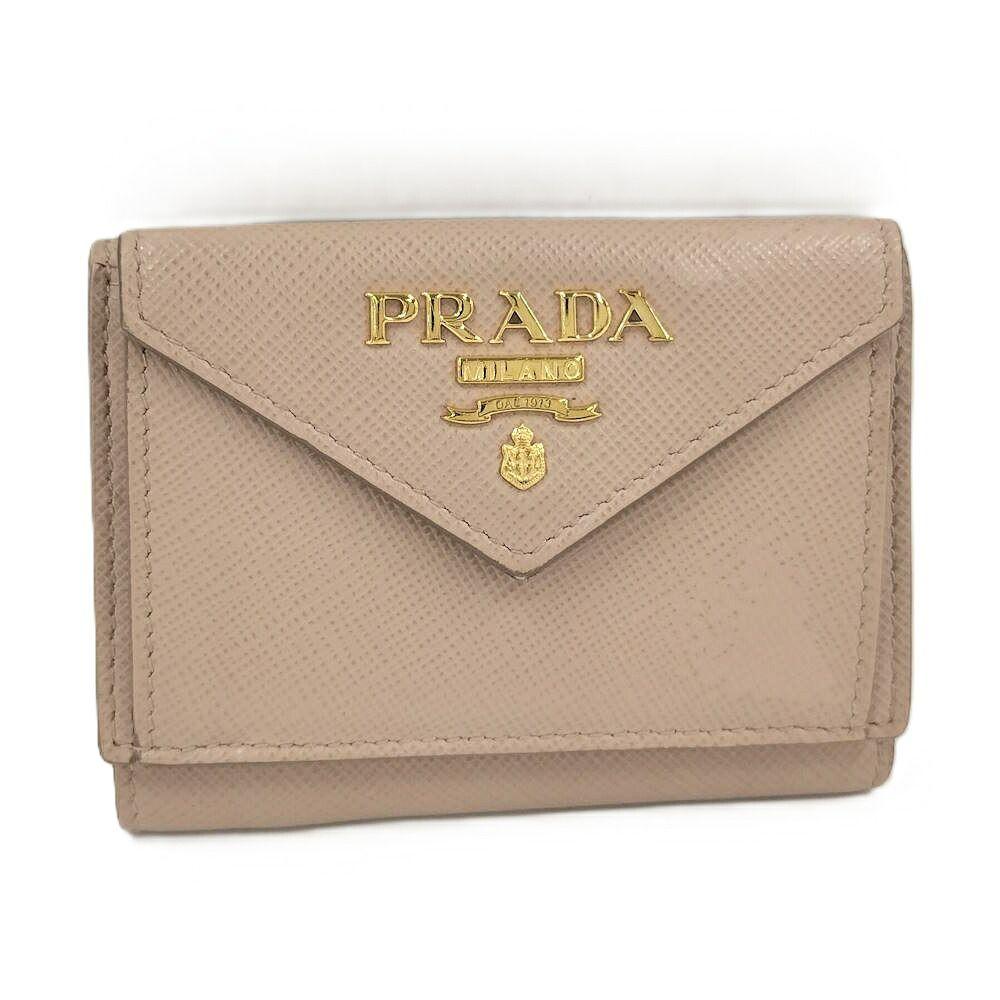 Used PRADA Tri-fold Wallet Saffiano Pink Beige 1MH021