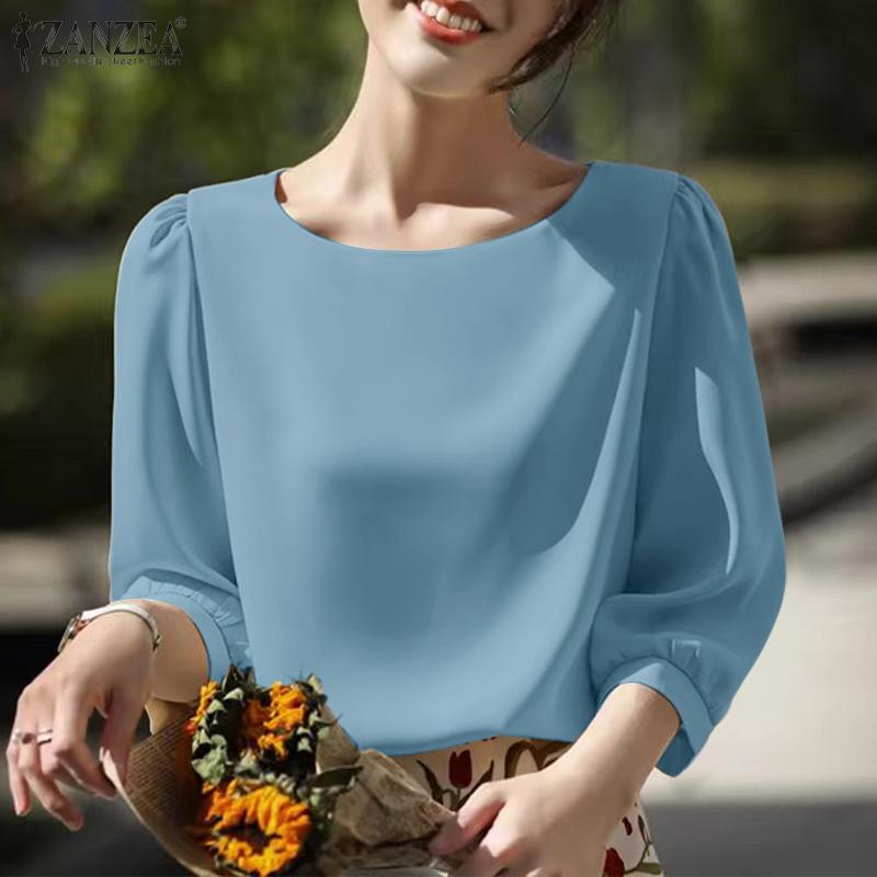 ZANZEA Women Casual Round Neck Summer 3/4 Sleeve Loose Blouse