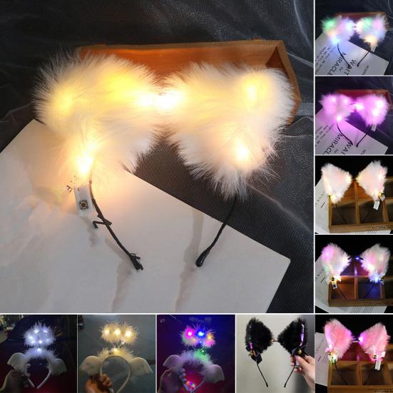 LED Headband with Bell 3-speed Flash Bowknot Design Light-up Plush Glowing Cat Ear Hair Hoop for Party