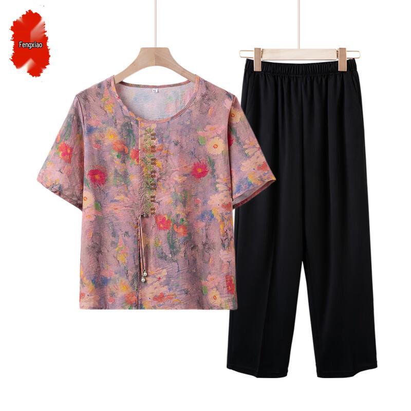 Mid-Aged & Elderly Women's Summer Floral Short-Sleeve Two-Piece Set