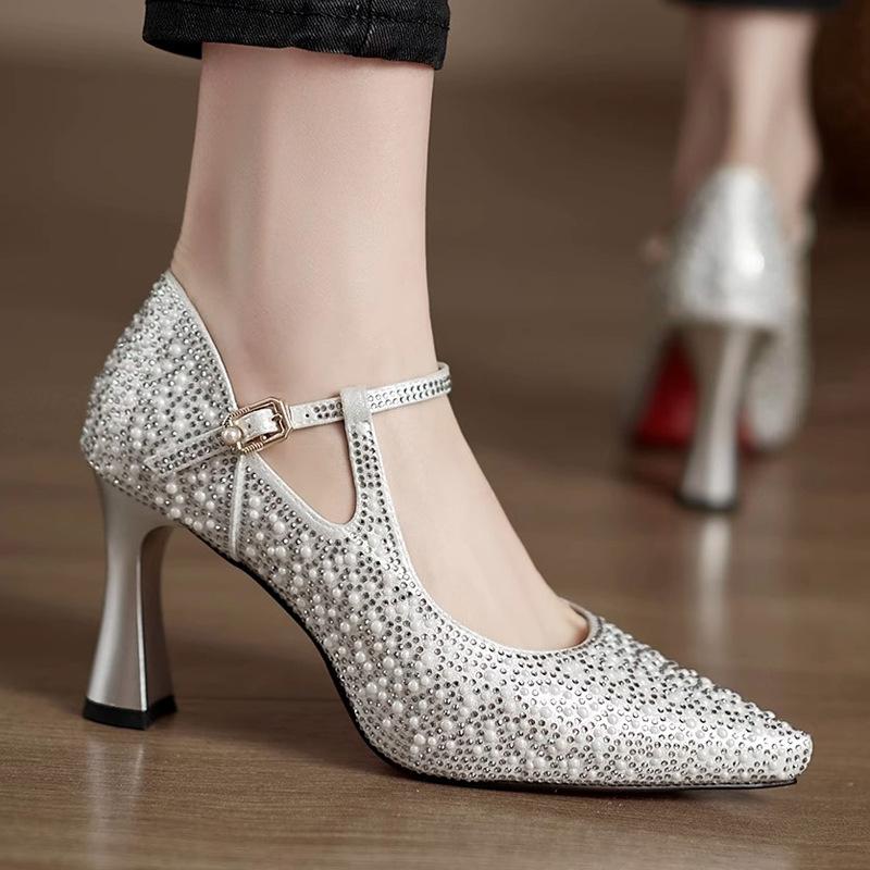 Rhinestone Pointed Single Shoes Women's Spring and Autumn New One-word Buckle Shallow Mouth with Cheongsam Shoes Wedding Shoes High Heels Women