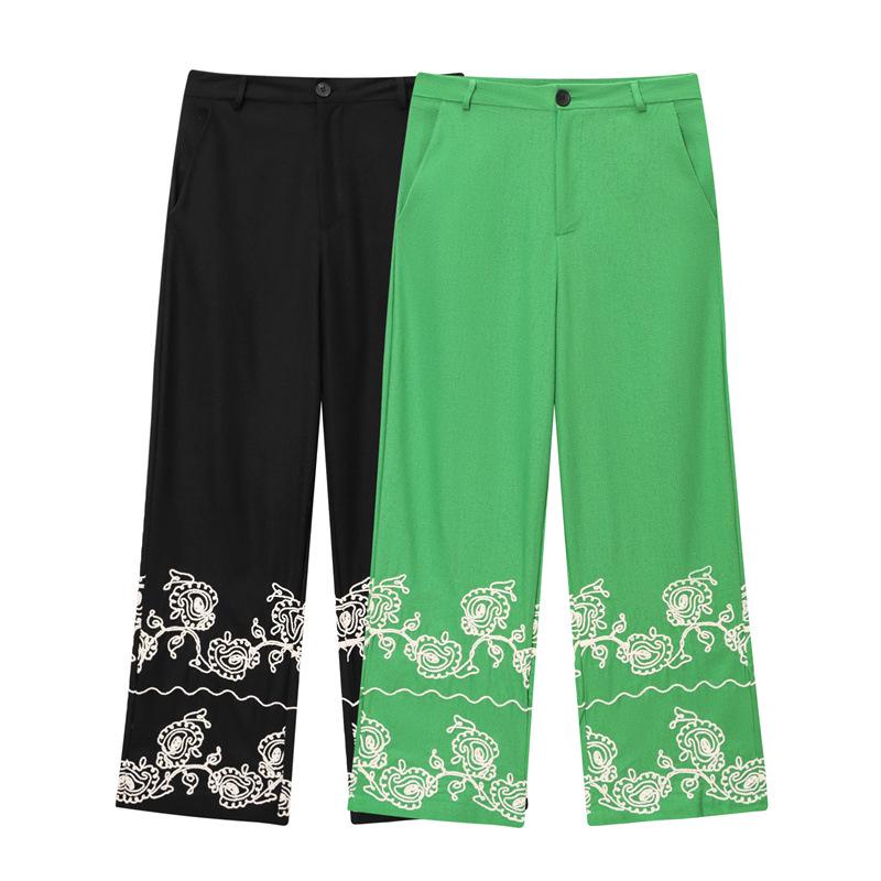 2025 European & American Women's Casual Linen-Blend Embroidered Top & Wide-Leg Pants Set
