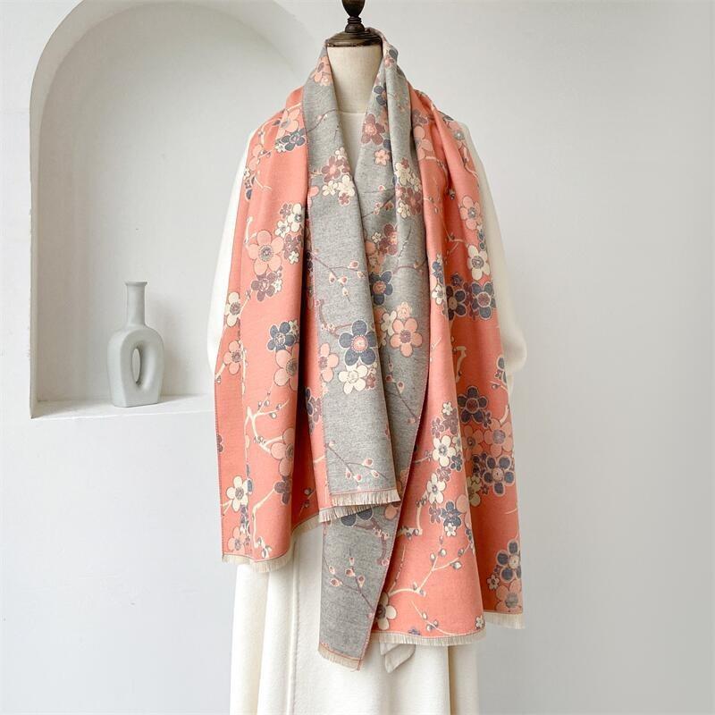 Vintage Elegant Plum Blossom Imitation Cashmere Thickened Warm Scarf For Women Winter Gift