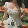 Gentle Style French Retro Square-Neck T-Shirt for Women, Summer Pleated Waist-Cinching Tie Design, White Spicy Girl Puff-Sleeve Top