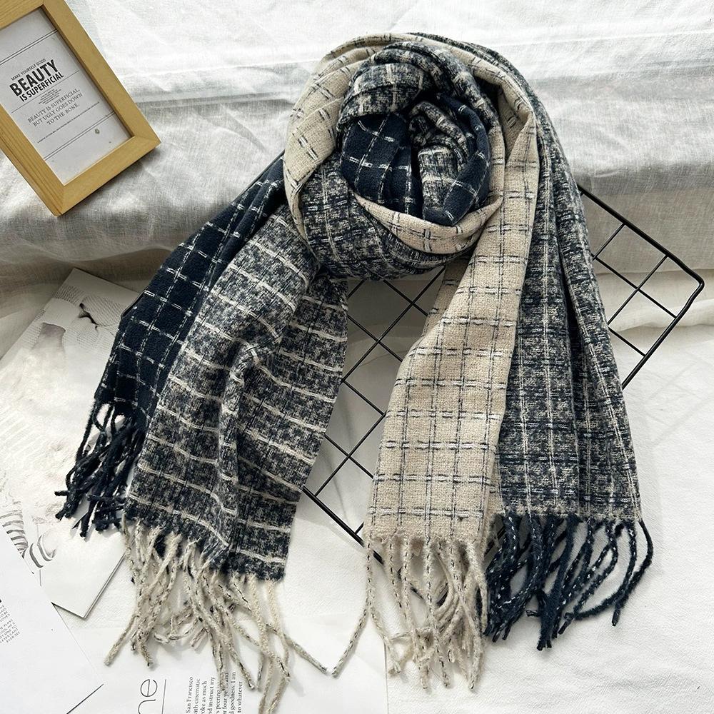 Soft waxy and thick plaid imitation cashmere scarf for women, warm fringed shawl in winter, couple scarf tide