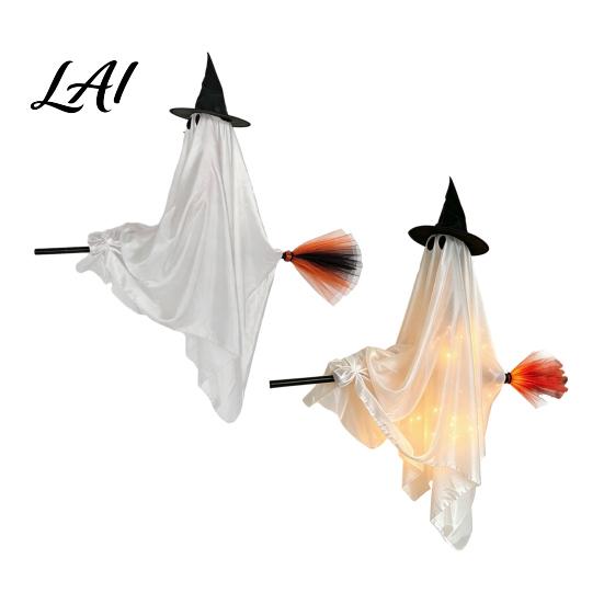 Ghost with Wizard Hat Hanging Broom Halloween Decoration Flying Witch Ornament for Creative Holiday Decor Haunted House Porch Tree Spooky Outdoor