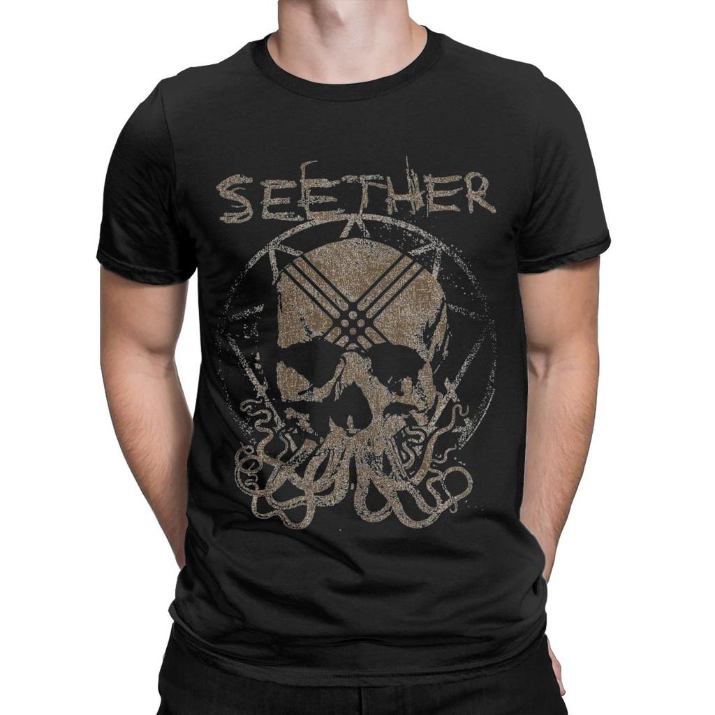 Casual Seether Octoskull T-Shirt for Men Round Neck Cotton T Shirts Short Sleeve Tee Shirt Printed Clothing