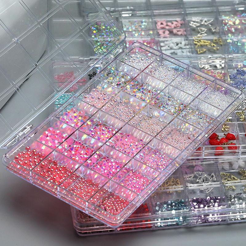 24 Grids, Mixed Nail Decoration Accessories, Rhinestones, Pearls, Beads, Bowknot, Nail Art Jewelry, DIY Tools