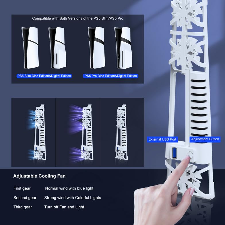 PS5 Cooling Playstation Multifunctional Cooling 3 Levels of Wind Speed LED USB Memory External Cooling Easy to Rapid Heat High Performance Cooling Fan