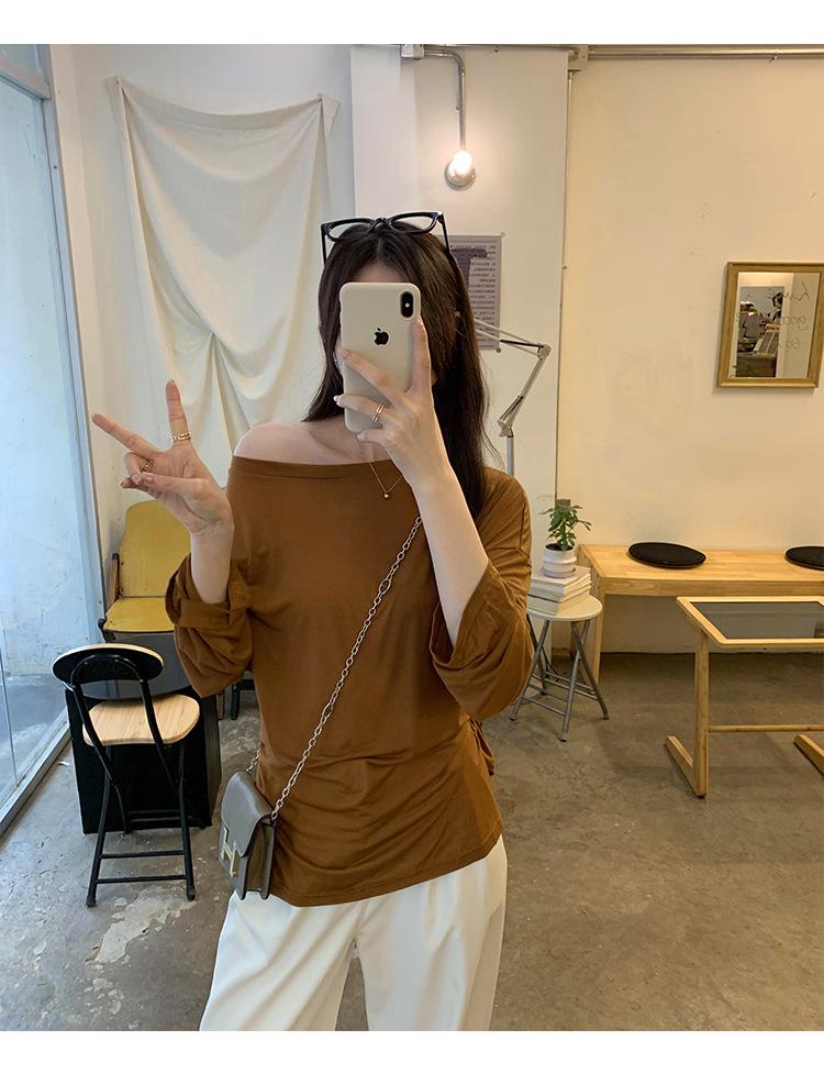 Korean Style Tie-Waist Long-Sleeved Off-Shoulder T-Shirt for Women - Autumn Edition
