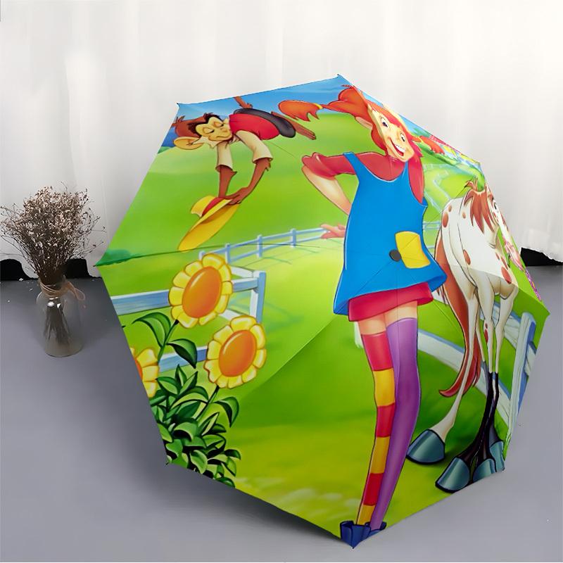 1pc Pippi Longstocking Automatic Folding Umbrella - Compact 8-Rib Design, Durable Plastic & Iron, 053