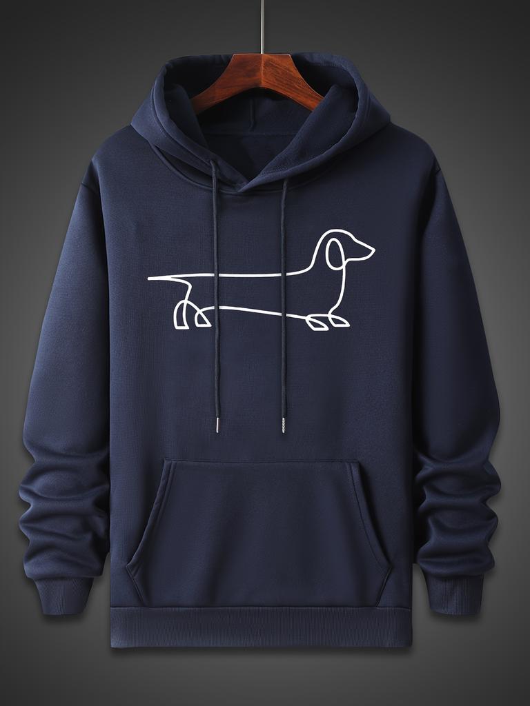 Minimalist One Line Dachshund Print Men's Gray Loose Hoodie, Hip Hop Sports Casual Pocket Street Sweatshirt