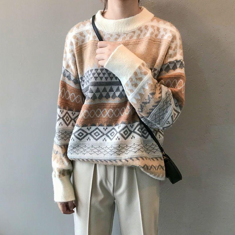 Autumn Winter Women's Plus Size Sweater Retro Lazy Style Hong Kong Style Loose Crew Neck Outer Wear Knit Top