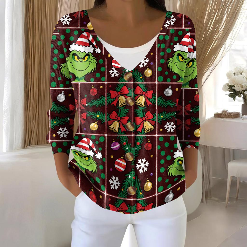 Women's Fashion Long Sleeve Christmas Snowman Snowflake Print Jacket Cardigan