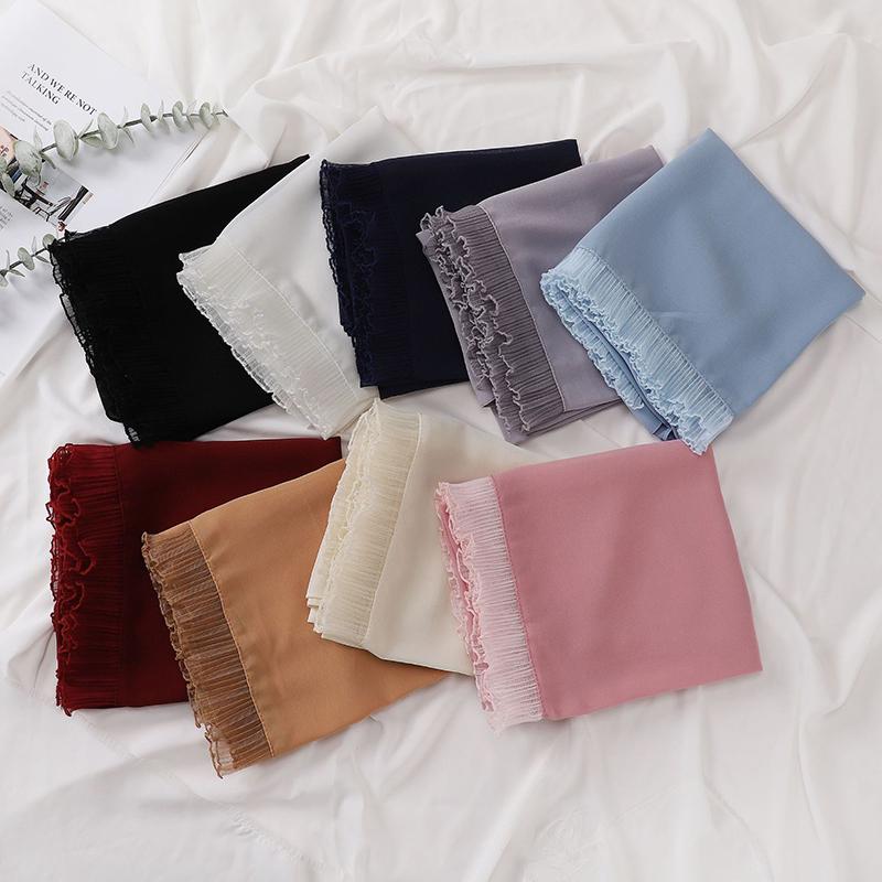 Fashion Muslim Modal Hijab Chiffon Shawls for Women Plain Soft Hijab Scarf Big Lace Trim Headscarf Islamic Turban Headband