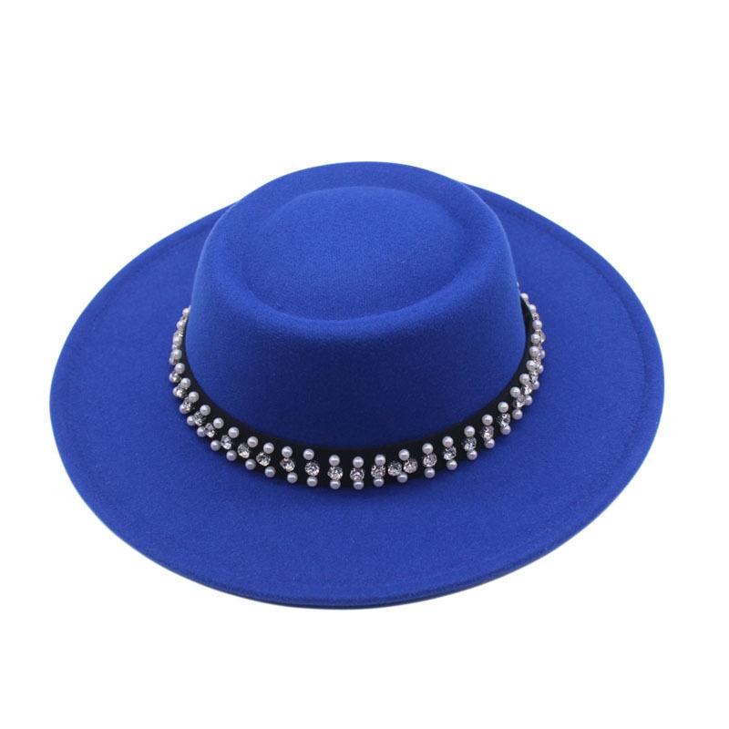 European and American New Autumn and Winter Wool Woolen Big-brimmed Jazz Hat Female Concave Top Black Top Hat Pearl Rhinestone Felt Hat