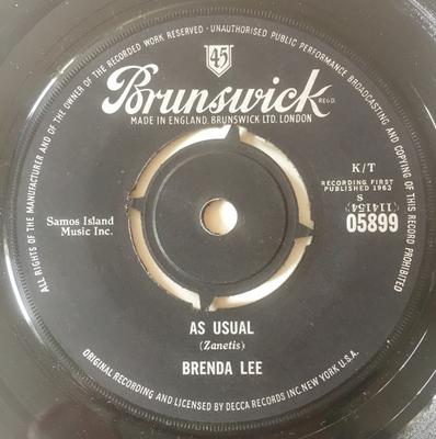 7inch Record BRENDA LEE - As Usual / Lonely Lonely Lonely Me 05899 Brunswick 1963 UK Rock Used