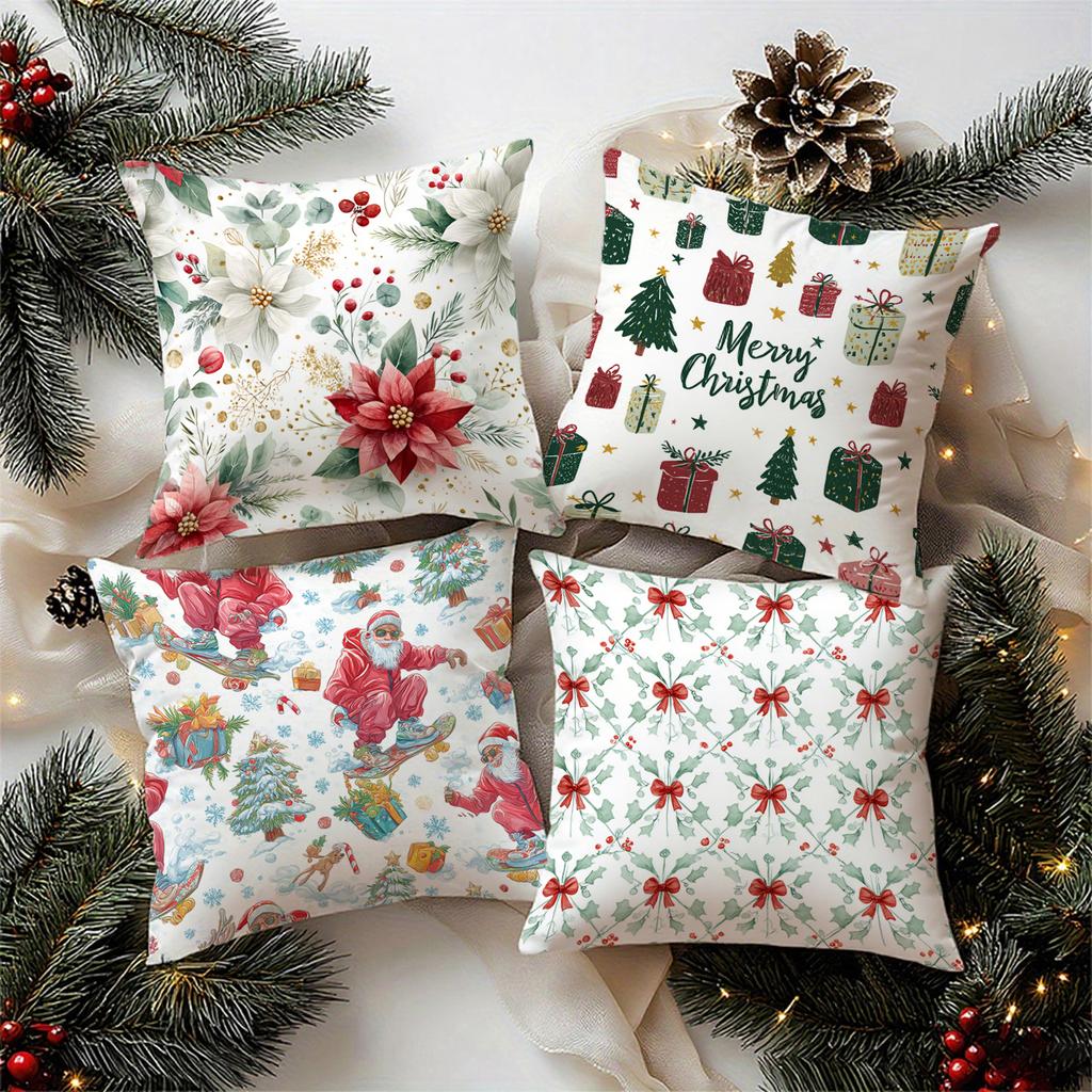 Christmas-Themed Floral & Gift Print Pillowcasesuitable For Sofa Car Bedroom Decorative Cushion Cover Pillow Cover