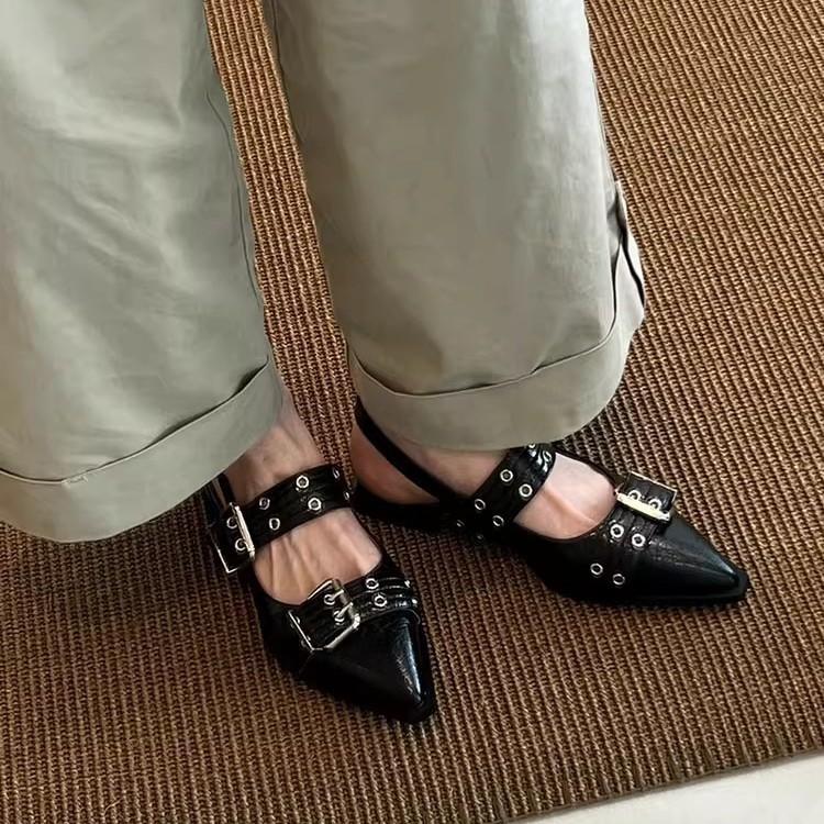 Cowhide version~ Punk hottie fried street niche single shoes women's pointed head willow nails belt buckle versatile casual bag head sandals
