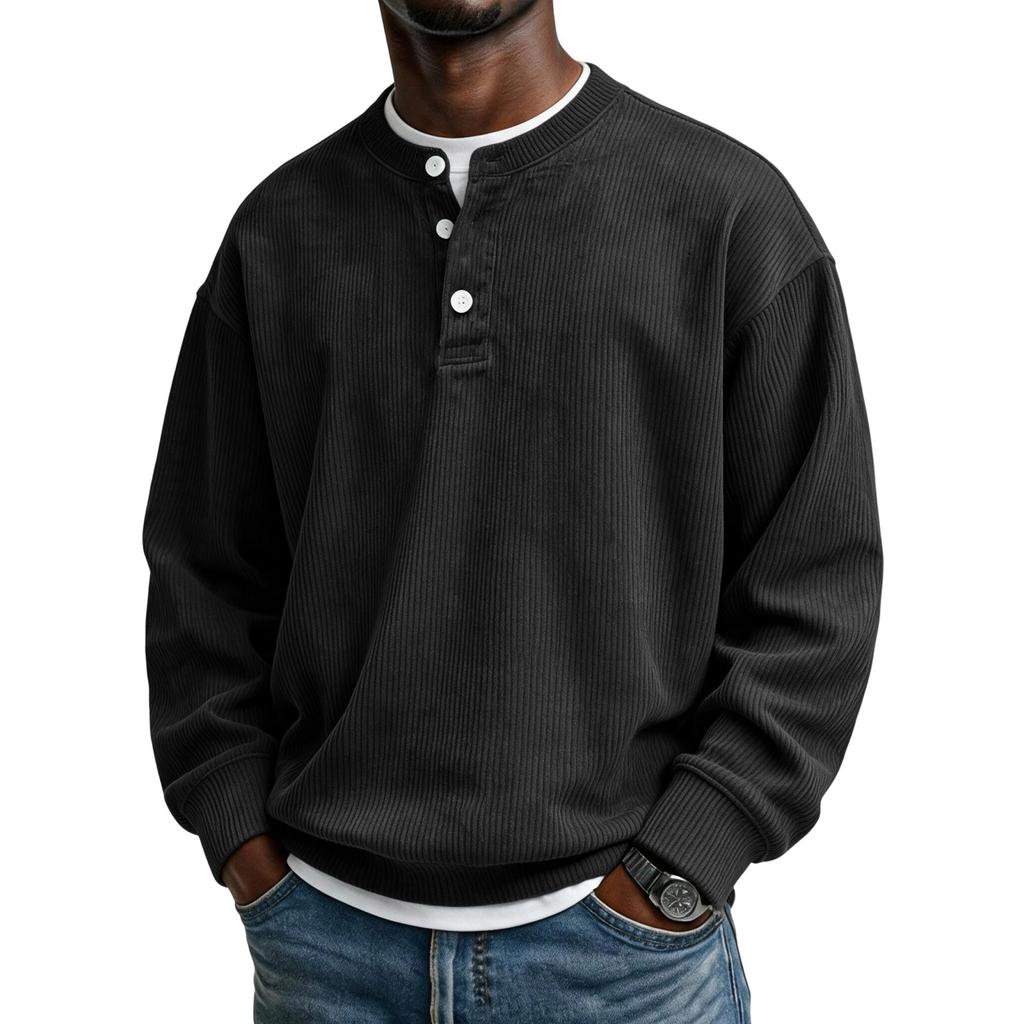 Felpa da uomo casual in velluto a coste con scollo, manica lunga, top pullover a vestibilità larga rétro con abbottonatura, per l'uso quotidiano