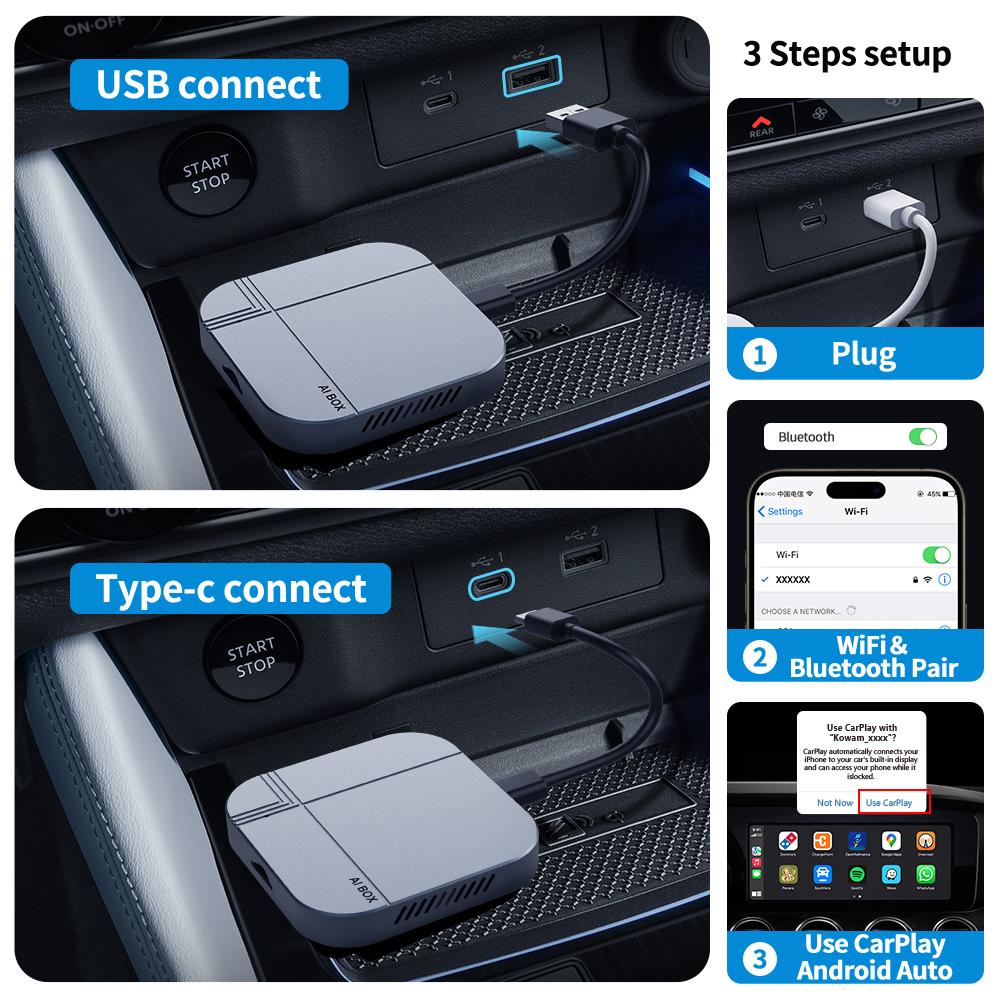 Kowankit 2026 Android 12 Wireless Carplay Ai Box Android Auto 3 in 1 TV Box 4+32G Wifi6 BT Plug & Play Fits Cars From 2016+