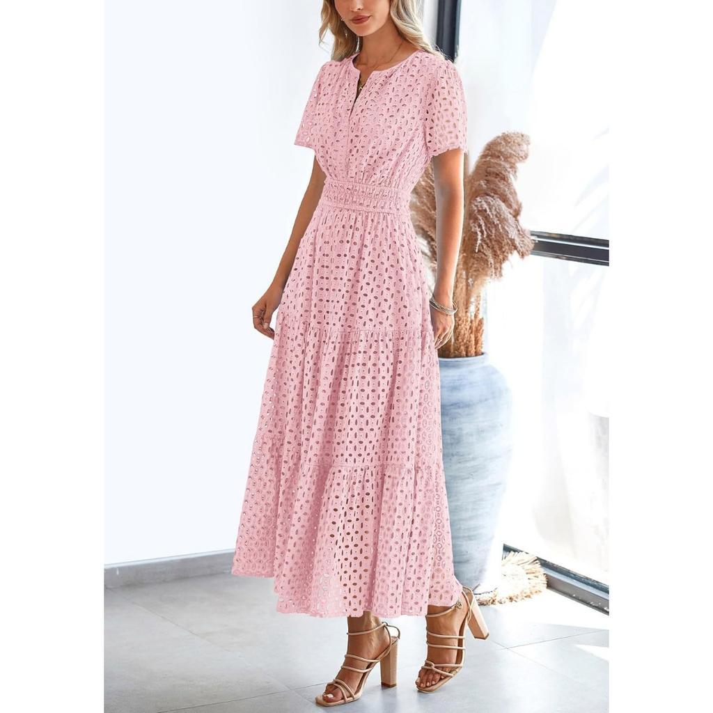 Women's Summer V-Neck A-Line Cutout Lace Short Sleeve Mini Dress for Women European American Casual Party Cocktail Dress