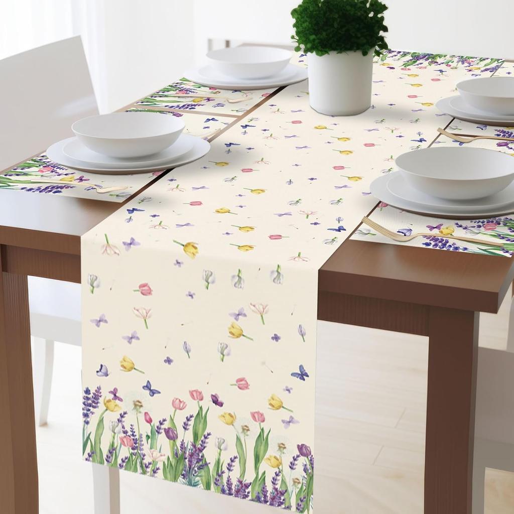 7 Pcs Spring Table Runner and Placemats Tulip Table Runner Placemats Set 72 x 13 Inch Linen Easter Farmhouse Rustic Floral Table Mat for Spring
