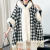 Cloak Shawl Wool Jacket Women'S Winter Hooded Medium Long Fleece Thickened Versatile Plaid Fringed Cloak Coat