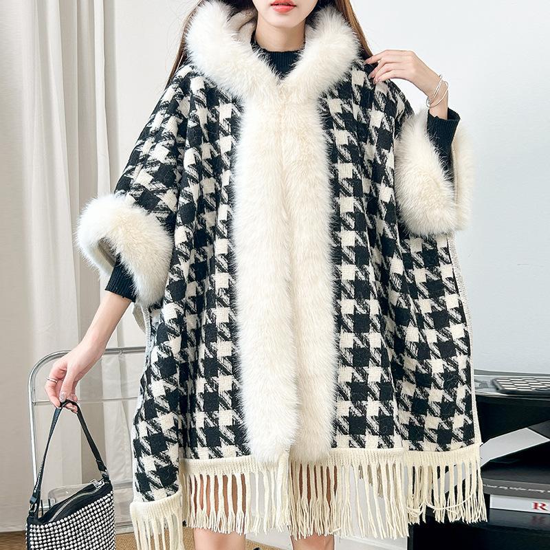 Cloak Shawl Wool Jacket Women'S Winter Hooded Medium Long Fleece Thickened Versatile Plaid Fringed Cloak Coat