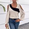 Women's Beige Black Color Block Cold Shoulder Top Spring Summer Long Sleeve Casual Blouse