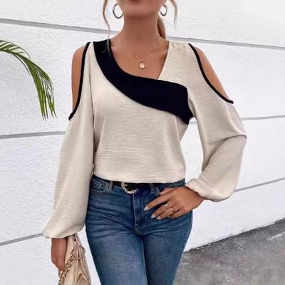 Women's Beige Black Color Block Cold Shoulder Top Spring Summer Long Sleeve Casual Blouse