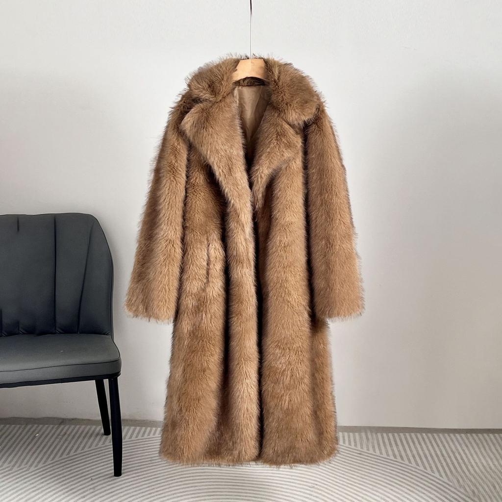 Langer flauschiger Kunstpelzmantel für Frauen Winterkleidung Verdicken Sie warme Reverskragen Plüschjacke Oberbekleidung Mantel weiblich