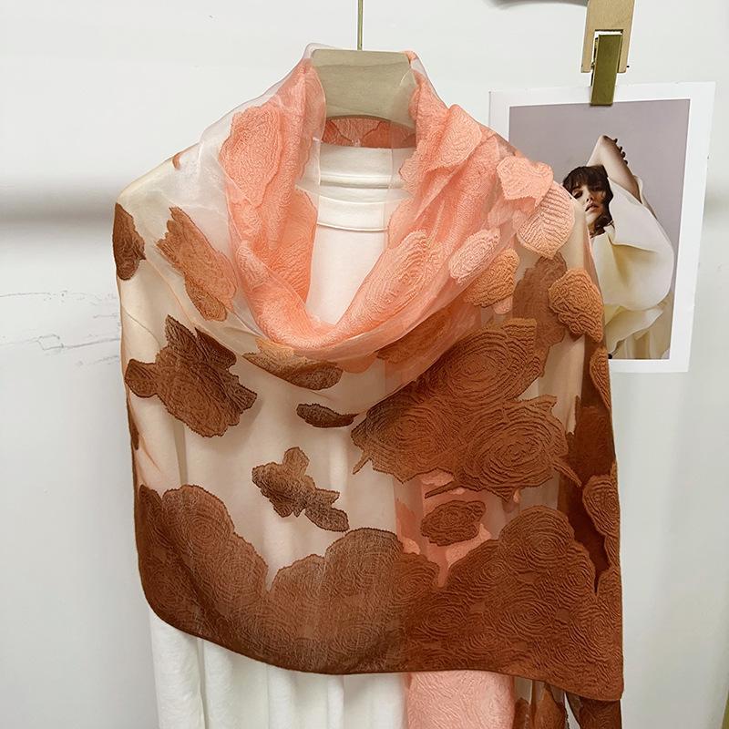 Shawl Scarf Advanced New Gradual Change Flower Long Silk Scarf Yarn Versatile Sunscreen Shawl