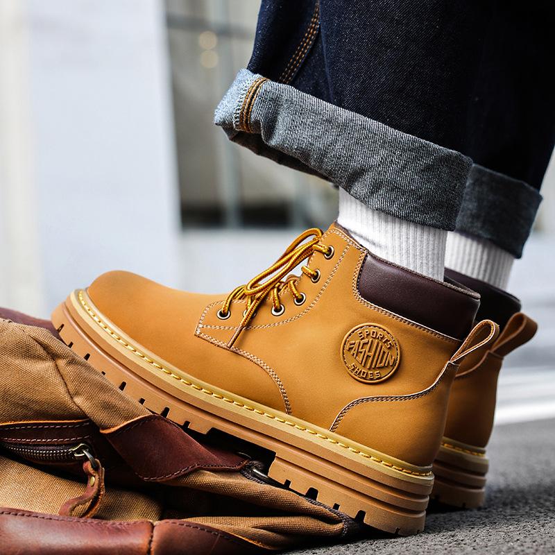 Leather Big Yellow Boots Couple Model 2025 Autumn Thick-soled Classic Big Head Short Boots Lace-up High-top Martin Boots Versatile