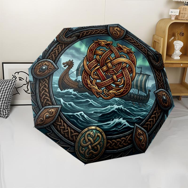 Ship Norse Mythology pattern umbrella, portable and foldable design, 8 ribs, a casual accessory for Halloween, Christmas, and birthday gifts.