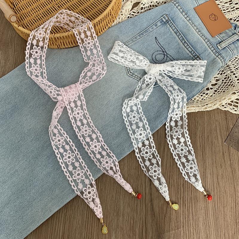 Lace silk scarf, long strip, high-end bow, small pendant, scarf, headscarf, headband, decorative scarf, waist belt can be tied.