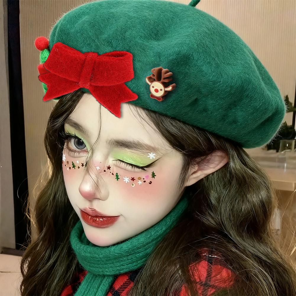 Fashion Christmas Beret Hat Red Green Sweet Christmas Beret Hat Wool Felt Dress Up Xmas Painter Hat New Year Gifts